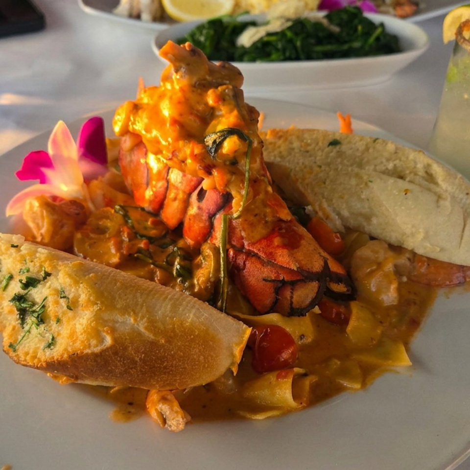 Plate of lobster pasta with garlic bread, tortillas, vegetables, and edible flowers beside a lime-garnished drink.