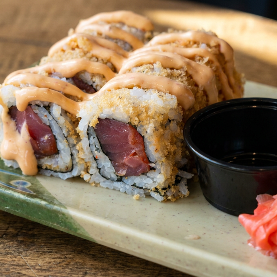 Fried tuna sushi rolls drizzled with creamy sauce, served with soy sauce and pickled ginger on a ceramic plate.