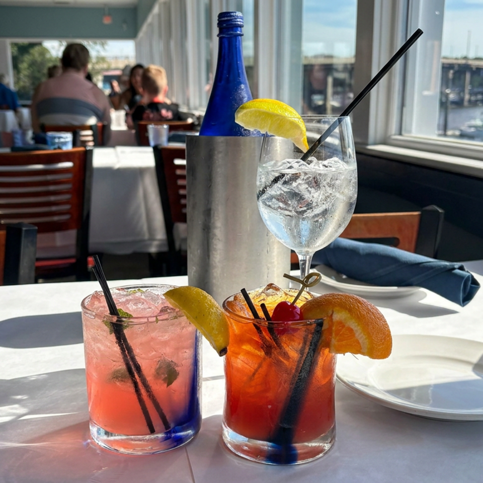 Colorful cocktails with citrus garnishes and ice sit on a waterfront restaurant table overlooking boats and a bridge.