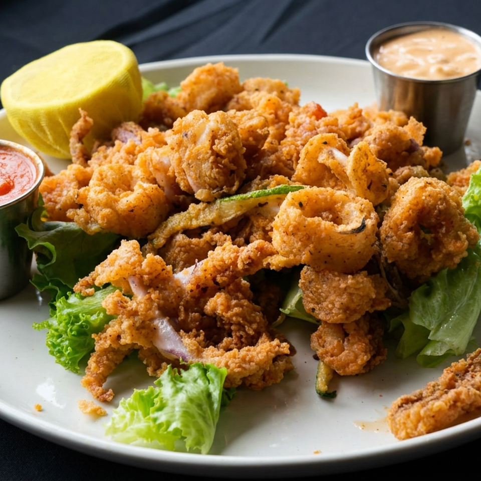 Crispy fried seafood piled on lettuce with lemon, red dipping sauce, and creamy sauce on a white plate.